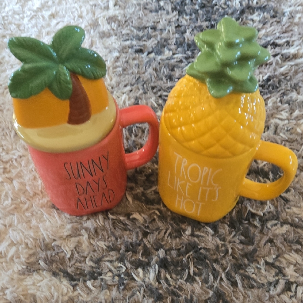 New Rae Dunn Tropical Mug Set - Red and Yellow